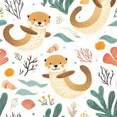Obraz premium A seamless pattern of playful otters floating on their backs with little seashells.