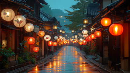 Fototapeta premium Rainy Evening at Gion Matsuri Festival, Kyoto, Ai generated images.