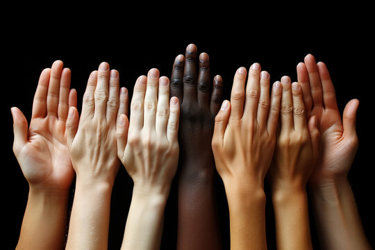 Diverse human hands displaying unity and inclusion on black background