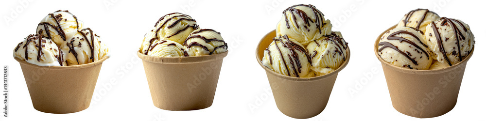 Poster an image of a paper cup filled with vanilla ice cream and chocolate syrup, isolated on a transparent