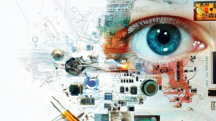 An artistic collage depicting academic writing, parametric design and electronics soldering with a white background.