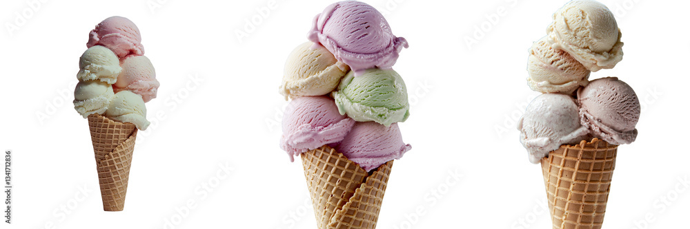 Poster a transparent background isolates a cone filled with a colourful stack of ice cream scoops, generate