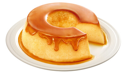 prato com delicioso pudim de leite condensado com calda de caramelo isolado em fundo transparente