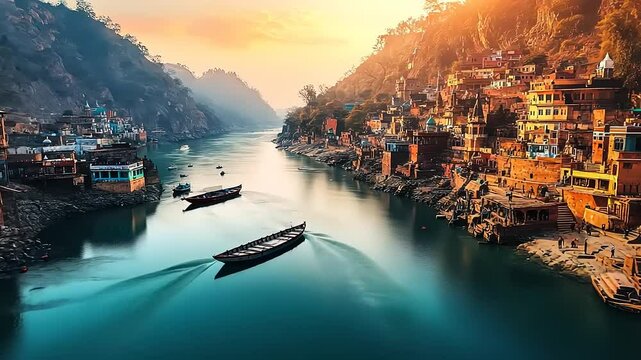 Sunrise over the Ganges River in Rishikesh, India