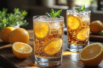 Refreshing and Fizzy Soda Drink Garnished With Mint and Orange Slice in a Vibrant Glass Filled With Bubbles