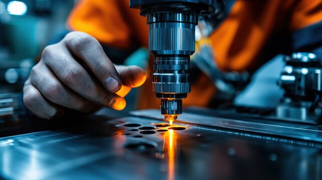 Close-up of a scientist using a spectrometer to determine the chemical composition of a metal alloy, cinematic lighting
