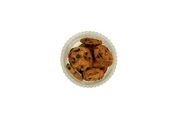 Homemade Chocolate Chip Cookies served on crystal bowl, isolated on white background