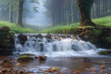 Serene forest waterfall cascading through lush greenery in misty morning light