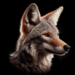Portrait of a coyote head on a black background.