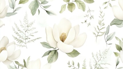 A soft and dreamy floral watercolor pattern with white magnolias, delicate greenery