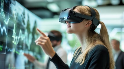 A woman wearing a VR headset interacts with a digital display, exploring advanced technology in a modern environment.