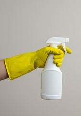 Yellow Rubber Glove Holding White Spray Bottle Against Grey Background