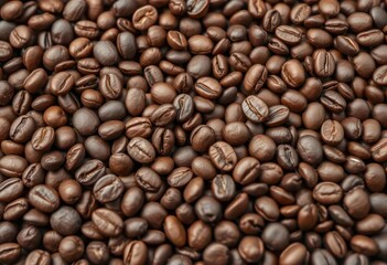 Close-up of scattered coffee beans, various shades of brown, background, dark