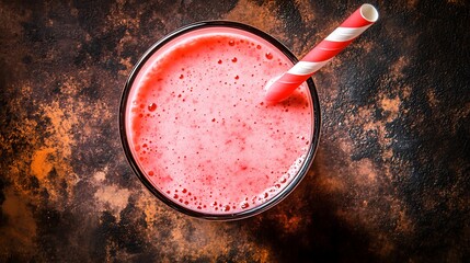 Pink drink, straw, flat lay, on rusty background