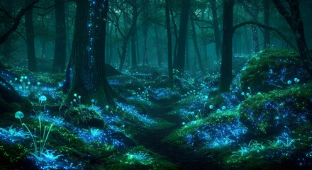 Fototapeta premium Enchanted Forest with Glowing Lights and Fairy Tale Atmosphere in the Dark