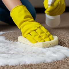 Close-up of Carpet Cleaning Process with Yellow Rubber Gloves