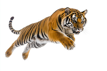 Fototapeta premium Powerful leaping tiger wildcat animal wildlife nature image big jump black white beast speed photo