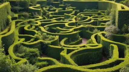 Aerial view of a lush green hedge maze featuring intricate,