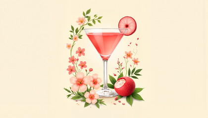 Cocktail with flowers and fruit on light background
