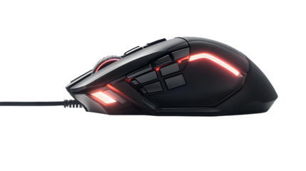 Sleek black gaming mouse with red illumination rests on surface