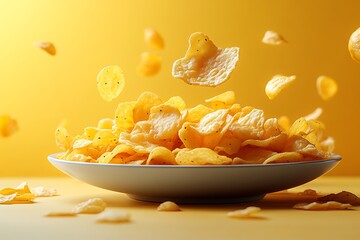 Delicious Crispy Potato Chips Falling into Bowl, Yellow Background