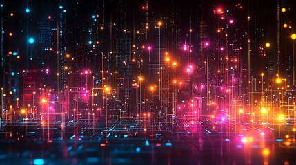Abstract Digital Cityscape Glowing with Data and Connections in Vibrant Colors