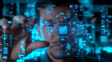 A businessman holding a glowing holographic network expansion plan, optimizing digital infrastructure for next-gen connectivity