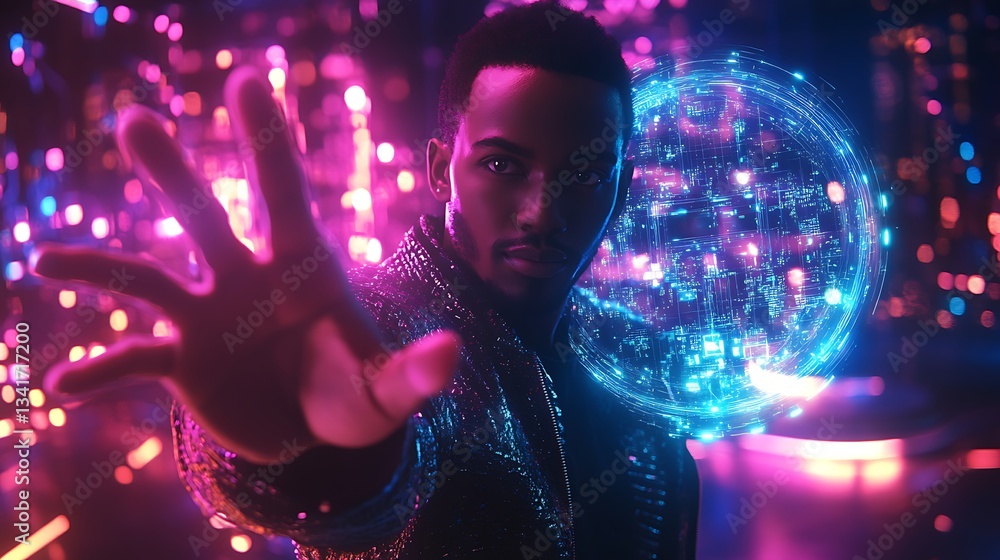 Poster a businessman holding a floating holographic biometric authentication system, securing digital ident