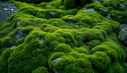 Moss-covered rocks, lush green texture, natural stone, lichen, autumn
