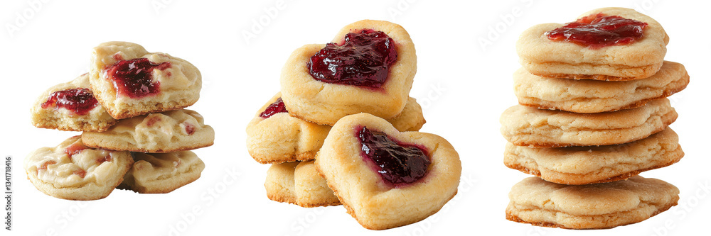 Aufkleber Isolated on a transparent background is a stack of heart-shaped cookies with red jam, a product of Generative Ai