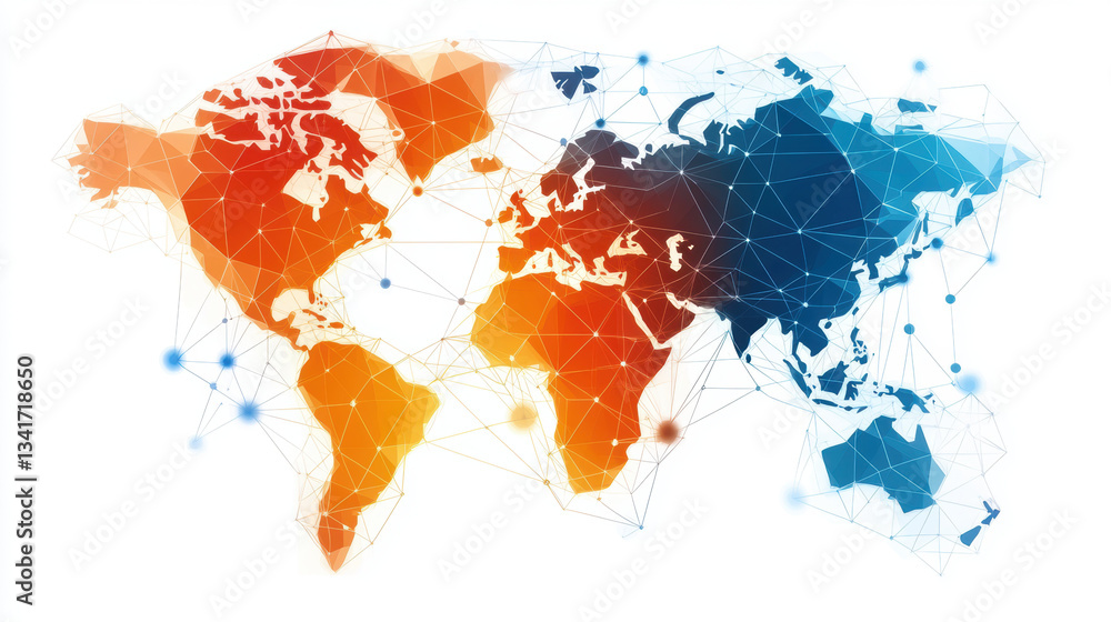 Poster abstract world map with polygonal connections in vibrant colors, symbolizing global networking and c