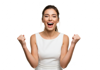 Young happy celebrating woman saying yes, she is a winner isolated on White background