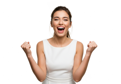 Young happy celebrating woman saying yes, she is a winner isolated on White background