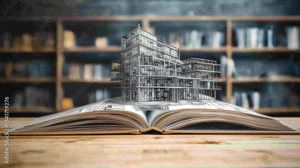 Wall mural drawing of an open book showing photos of modern architecture