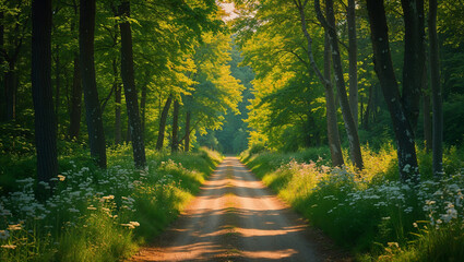 Obraz premium Dirt road leading into lush green forest at sunset