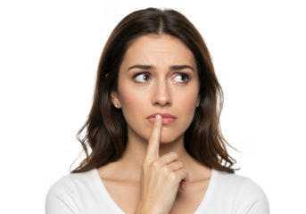 Portrait of curious woman touching lips with finger looking away isolated on White background