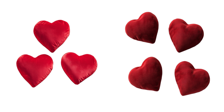 Two heart pillows for valentine's Day in silk velvet are shown isolated on a transparent background in a Generative Ai creation