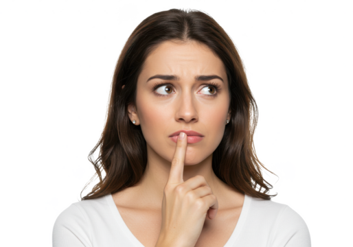 Portrait of curious woman touching lips with finger looking away isolated on White background