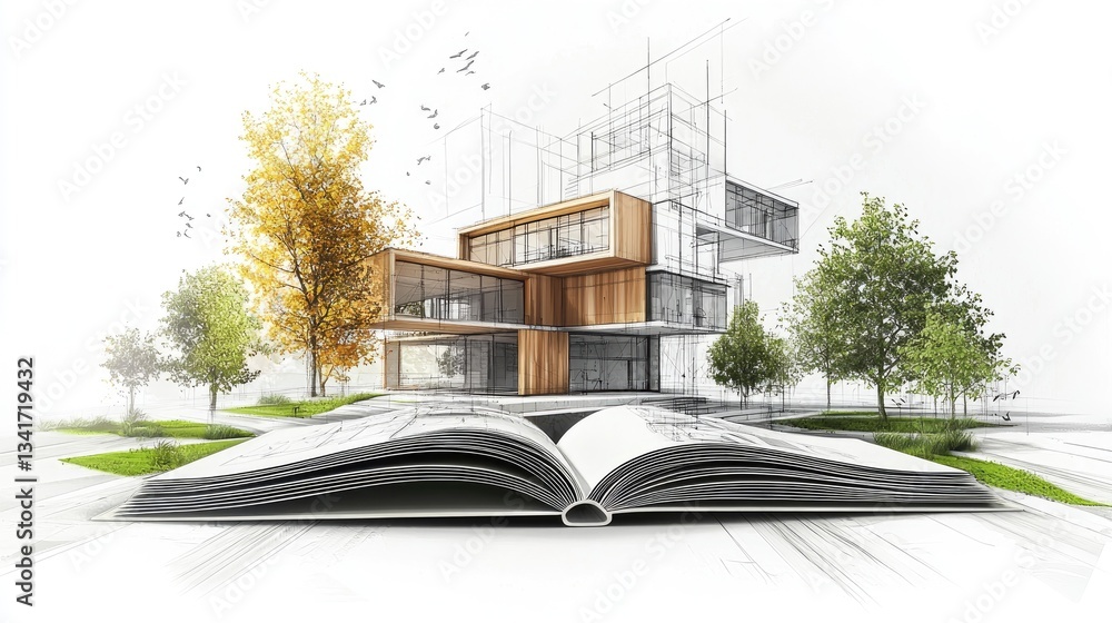 Wall mural drawing of an open book showing photos of modern architecture