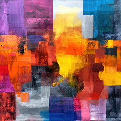 Vibrant abstract artwork featuring bold colors like orange, purple, and blue, creating dynamic visual experience