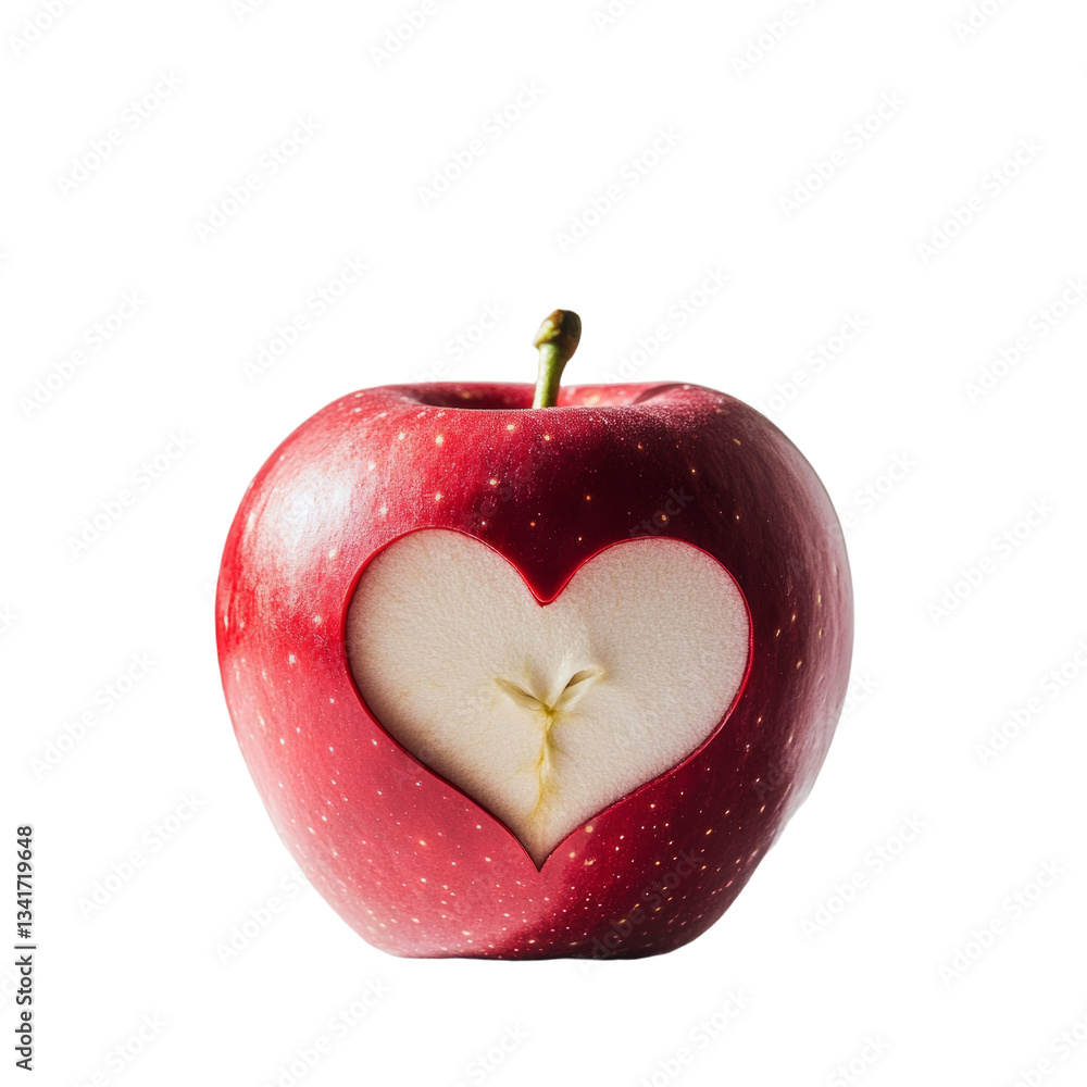 Poster on a transparent background, a red apple is depicted with a cut-out in the shape of a heart, generat