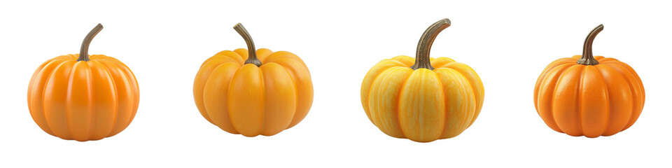 Obraz premium Four vibrant orange pumpkins with varying textures and shapes, showcasing their distinctive ribbed surfaces and stems.
