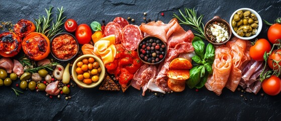 Bright and fresh ingredients on a dark background, perfect for cooking blogs, recipes and restaurant menus.