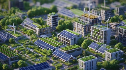 Vision of a sustainable high-tech city with green roofs and solar panels aerial view