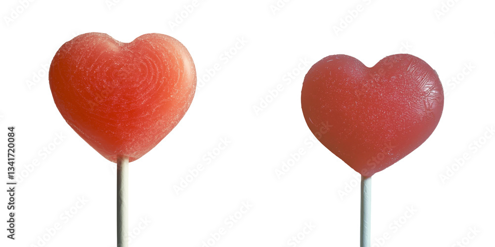Poster Generative Ai has created an isolated image of a heart-shaped lollipop, colored pink and white, and placed on a stick against a transparent background