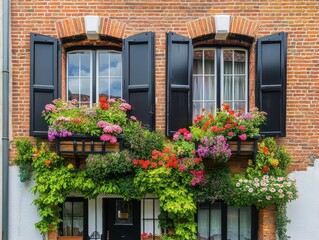 Charming Floral-Filled Windows with Black Shutters and Red Brick