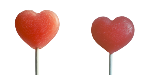 Generative Ai has created an isolated image of a heart-shaped lollipop, colored pink and white, and placed on a stick against a transparent background