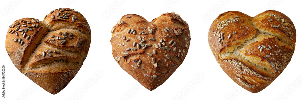 Poster a transparent background isolates a heart-shaped bun, topped with sesame and sunflower seeds, an ima