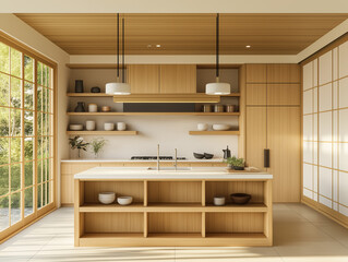 Fototapeta premium Modern Japanese kitchen with sleek wooden cabinetry, white quartz countertop, open shelving with ceramics, low-profile island, and soft natural light through shoji-style doors.