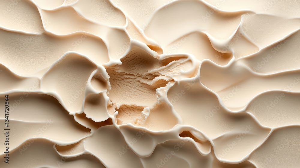 Poster close-up view of creamy light beige ice cream with scooped section showing textured interior and sof